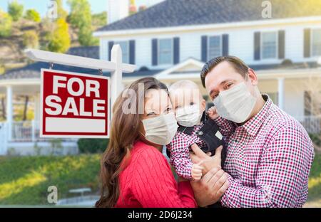 Glückliche junge Familie trägt medizinische Gesichtsmasken vor dem neuen Haus und verkauft zum Verkauf Zeichen. Stockfoto
