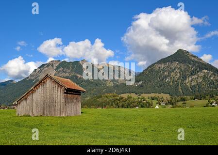 Panoramablick von den Loretto Wiesen auf die Berge bei Oberstdorf, Rubihorn 1937m, Gaisalphorn 1953m, Nebelhorn 2224m und Schattenberg 1721m Stockfoto