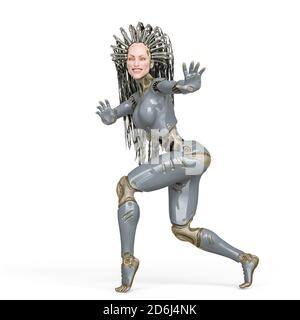 Super Cyborg lächelt und geht auf Zehenspitzen, 3d-Illustration Stockfoto