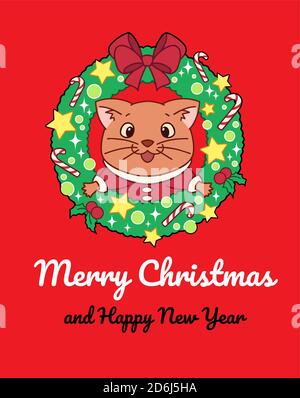 Weihnachtskranz mit niedlichen Katze. Handgezeichnete Vektorgrafik für Grußkarte. Isoliert auf rotem Hintergrund. Stock Vektor