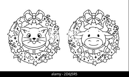 Set aus zwei Kranzen mit Ochse und Katze. Weihnachten Kontur Vektor Illustration für Kinder Malbuch. Isoliert auf weißem Hintergrund. Stock Vektor
