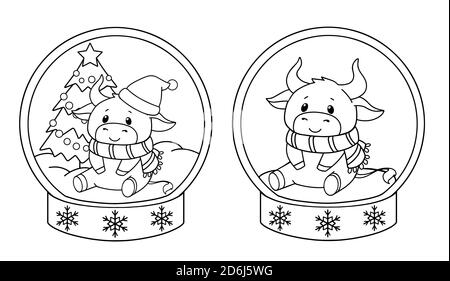 Set von zwei Kühen, die in der Kristallkugel sitzen. Weihnachten Kontur Vektor Illustration für Kinder Malbuch. Isoliert auf weißem Hintergrund. Stock Vektor