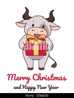 Cute Ochse hält das Geschenk. Weihnachten handgezeichnete Vektor-Illustration für Grußkarte. Isoliert auf weißem Hintergrund. Stock Vektor