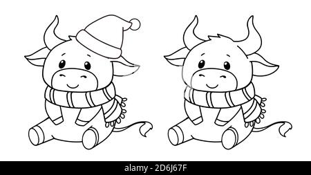 Set von zwei sitzenden Kühen. Weihnachten Kontur Vektor Illustration für Kinder Malbuch. Isoliert auf weißem Hintergrund. Stock Vektor
