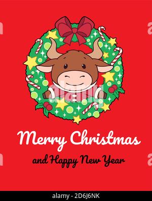 Weihnachtskranz mit niedlichen Ochsen. Handgezeichnete Vektorgrafik für Grußkarte. Isoliert auf rotem Hintergrund. Stock Vektor
