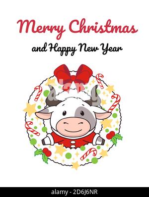 Weihnachtskranz mit niedlichen Ochsen. Handgezeichnete Vektorgrafik für Grußkarte. Isoliert auf weißem Hintergrund. Stock Vektor