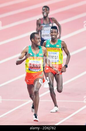 Muktar Edris (ETH, Gold), Selemon Barega (ETH, Silber), Mohammed Ahmed (DOSE, Bronze). 5000 Meter Finale. IAAF Leichtathletik-Weltmeisterschaften, Doha 2019 Stockfoto