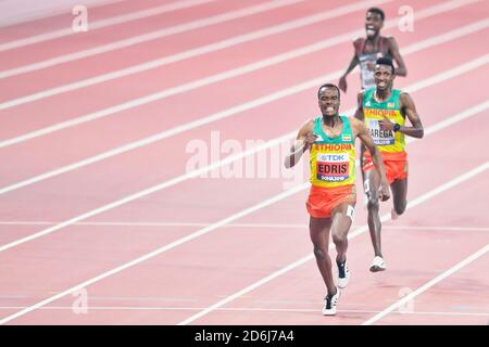 Muktar Edris (ETH, Gold), Selemon Barega (ETH, Silber), Mohammed Ahmed (DOSE, Bronze). 5000 Meter Finale. IAAF Leichtathletik-Weltmeisterschaften, Doha 2019 Stockfoto