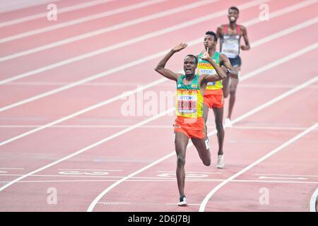 Muktar Edris (ETH, Gold), Selemon Barega (ETH, Silber), Mohammed Ahmed (DOSE, Bronze). 5000 Meter Finale. IAAF Leichtathletik-Weltmeisterschaften, Doha 2019 Stockfoto