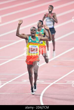 Muktar Edris (ETH, Gold), Selemon Barega (ETH, Silber), Mohammed Ahmed (DOSE, Bronze). 5000 Meter Finale. IAAF Leichtathletik-Weltmeisterschaften, Doha 2019 Stockfoto