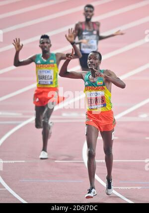 Muktar Edris (ETH, Gold), Selemon Barega (ETH, Silber), Mohammed Ahmed (DOSE, Bronze). 5000 Meter Finale. IAAF Leichtathletik-Weltmeisterschaften, Doha 2019 Stockfoto