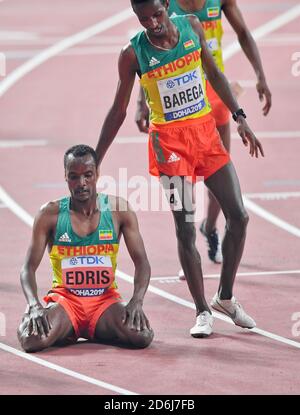 Die äthiopischen Athleten Muktar Edris (Gold) und Selemon Barega (Silber). 5000 Meter Finale. IAAF Leichtathletik-Weltmeisterschaften, Doha 2019 Stockfoto