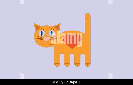 Katze mit einem großen Look und Herz, flache Illustration. Valentinskarte. Niedliches Kätzchen. Stock Vektor
