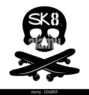 Trendiges T-Shirt-Design zum Thema Skateboarding. Vektor-Illustration mit einem Schädel und Skateboards Stock Vektor