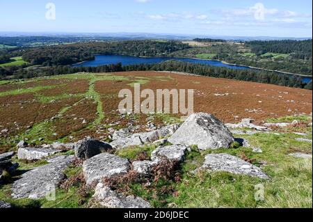 Blick von der Spitze des Sheepstor, Dartmoor National Park, mit offenem Moor und Burrator Reservoir an einem sonnigen Tag. Stockfoto