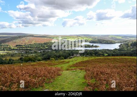 Blick von der Spitze des Leather Tor, Dartmoor National Park, mit offenem Moor, Sheepstor und Burrator Reservoir an einem sonnigen Tag. Stockfoto