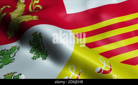 3D-Illustration einer wehenden Flagge der belgischen Provinz Lüttich (Land Belgien) Stockfoto