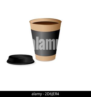 Takeaway heiße Kaffeetasse heißer Kaffee in brauner Papiertasse Mit schwarzem Deckel und Hülse Stock Vektor