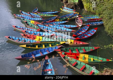 Gruppe von mehrfarbigen Fischerbooten auf dem Freshwater Phewa oder Fewa Lake in Pokhara, Nepal Stockfoto