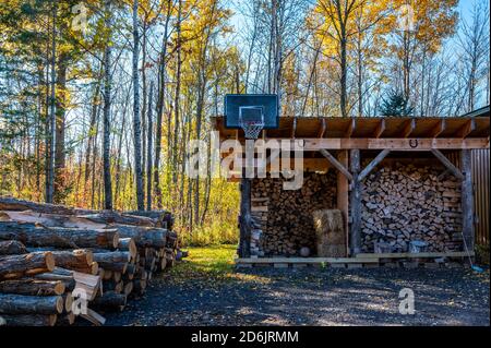 Schmutz Basketballplatz und Reifen montiert, um in ländlichen Schuppen Hinterhof Stockfoto