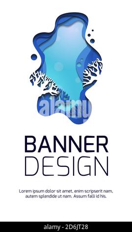 Vertikales Banner mit 3d-Darstellung der Meereslandschaft mit Riffen, aus Papier geschnitten. Geschichtete Seeszene mit Platz für Text. Tiefes Wasser. Vektor-Eeme Stock Vektor