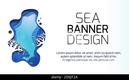 Horizontales Banner mit 3d-Darstellung der Meereslandschaft mit Riffen, aus Papier geschnitten. Szene mit Ebenen und Textort. Vektorelement für Artikel Stock Vektor