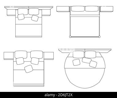 Konturzeichnung von Doppelbetten mit Draufsicht. Vektor-Umriss-Element für Pläne, Apartment-Design und Ihr kreatives Netzwerk. Stock Vektor