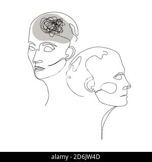 Linienzeichnung von zwei menschlichen Köpfen mit verwirrten Gedanken in einem Gehirn. Vektor-Illustration Für Therapeuten Und Psychologen Stock Vektor