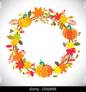 Herbstjahresschild. Feiertagskranz Hallo Herbst! Kreative Gratzen mit Kürbissen. Helle Türdekoration rot, orange und gelb. Dekoratives Symbol Stock Vektor