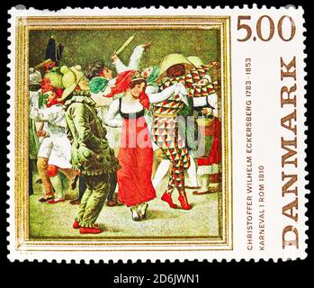 MOSKAU, RUSSLAND - 15. SEPTEMBER 2020: Briefmarke in Dänemark zeigt 'Karneval in Rom' von C.W. Eckersberg (1783-1853), Serie, um 1984 Stockfoto