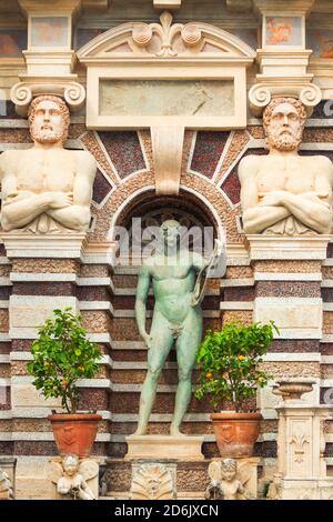 Detail des Brunnen der Orgel, Wahrzeichen der Villa d'Este, Tivoli, Italien Stockfoto