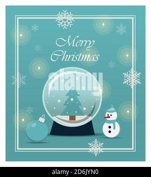 Schöne Weihnachtskarte mit Spielzeug und Geschenken. Flache Illustration für eine Website, ein Geschäft oder eine App mit Kinderprodukten. Helles Weihnachtsbanner mit Schneeball, Schneemann, Schneeflocken, Weihnachtsbällen und hellen Geschenken. Banner für eine Anzeige, einen Flyer oder eine Broschüre. Grußkarte für Weihnachten oder Neujahr 2021. Stock Vektor