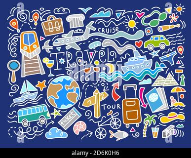 Reise Farbe Hintergrund und Kritzeleien mit einer schwarzen Umrisse Stock Vektor