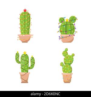 Set Kaktus mit Neujahr Girlanden. Feliz navidad. Frohe Weihnachten. Vektorgrafik im flachen Stil. Design für Grußkarten oder Webbanner. Stock Vektor