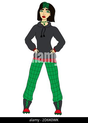 Modische traurig Cartoon-Mädchen in Hosen und einem Sweatshirt in grau und grün Farben, Vektor als Kinderzeichnung gemacht Stock Vektor