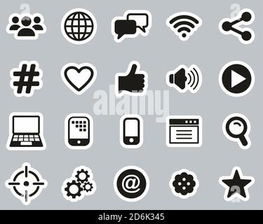 Digitale Werbung Icons Schwarz & Weiß Sticker Set Groß Stock Vektor