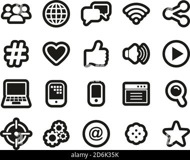 Digitale Werbung Icons Weiß Auf Schwarz Sticker Set Groß Stock Vektor