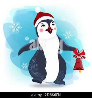Pinguin Cartoon Vektor Illustration. Weihnachtsfigur. Auf einem schönen Hintergrund mit Schneeflocken. Stock Vektor