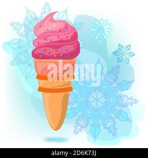Eis im Kegel. Pink hell vor dem Hintergrund von Schneeflocken und blauen Eis Dunst. Schneeflocke in verschiedenen Größen. Pink hell gegen die Stock Vektor