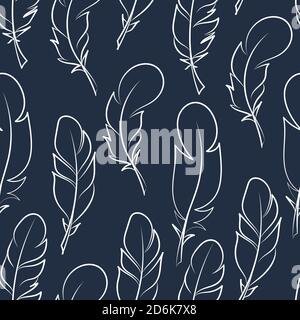 Nahtlose Wiederholung Muster Hintergrund, dunkelblaues Design mit weißen Linie Kunst Federn, einfache elegante feminine Muster Stock Vektor