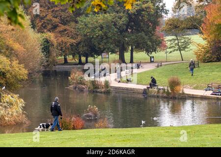 Northampton, Großbritannien, 18. Oktober 2020. Menschen und Hunde in Abington Park an einem kühlen Sonntagmorgen zum Vergnügen Angeln und andere zu Fuß ihre Hunde an einem herbstlichen Morgen. Kredit: Keith J Smith./Alamy Live Nachrichten Stockfoto