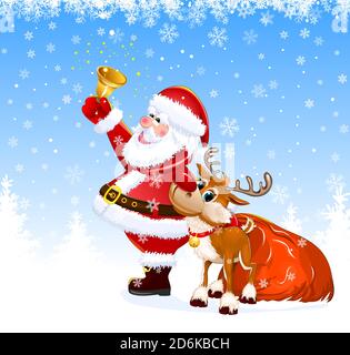 Santa mit einer Glocke in der Hand. In der Nähe gibt es einen Hirsch und eine Tasche mit Geschenken. Stock Vektor