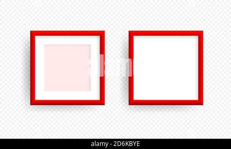 Roter realistischer Bilderrahmen an der Wand. Mockup realistische quadratische Bild oder Fotorahmen isoliert auf transparentem Hintergrund. Vektorvorlage für Stock Vektor