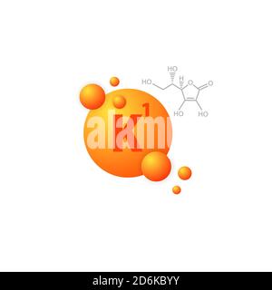 Symbol für Vitamin K1. Nahrungsergänzungsmittel. Schaltfläche „Gesundheitswesen“. Kapsel. Vektor auf isoliertem weißem Hintergrund. EPS 10. Stock Vektor