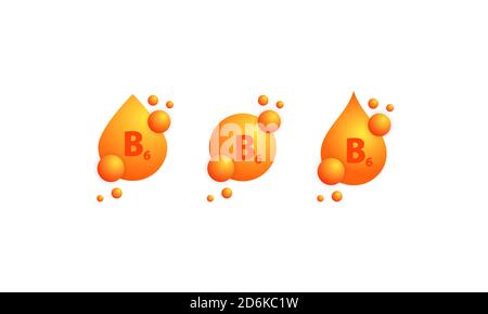 Vitamin B6 Icon Set. Leuchtender goldener Tropfen der Substanz. Beauty Behandlung Ernährung Hautpflege Design. Vitaminkomplex mit chemischer Formel, Gruppe B6 Stock Vektor