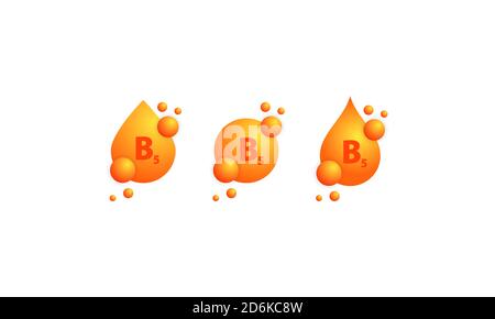 Vitamin B5-Symbolsatz. Beauty Behandlung Ernährung Hautpflege Design. Gesunde Medizin Pille Ergänzung Essenz. Vektor auf isoliertem weißem Hintergrund. EPS Stock Vektor