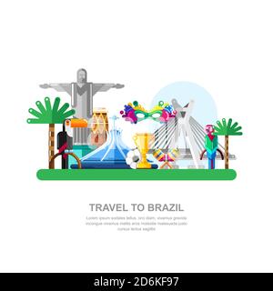 Reise nach Brasilien Vektor-flache Illustration. Brasilianische nationale Symbole und Wahrzeichen Ikonen und Design-Elemente. Stock Vektor