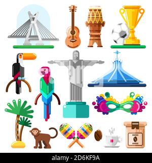 Reisen Sie nach Brasilien Vektor-Icons und Design-Elemente. Brasilianische nationale Symbole und Wahrzeichen flache Illustration. Stock Vektor