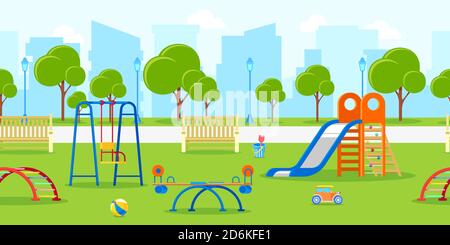 Kindergarten oder Kinderspielplatz im Stadtpark. Vektor horizontal nahtloser Hintergrund. Stadtleben, Freizeit und Outdoor-Aktivitäten Illustration. Sommer o Stock Vektor