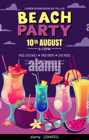 Cocktailparty am Nachtstrand. Vektorposter, Banner-Layout. Tropischer Barhintergrund mit Alkoholcocktails auf Sand. Illustration im Cartoon-Stil. Stock Vektor